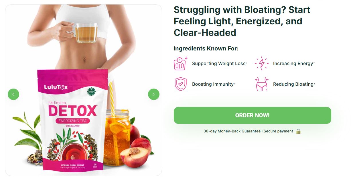 Lulutox Detox Tea peach flavor herbal supplement