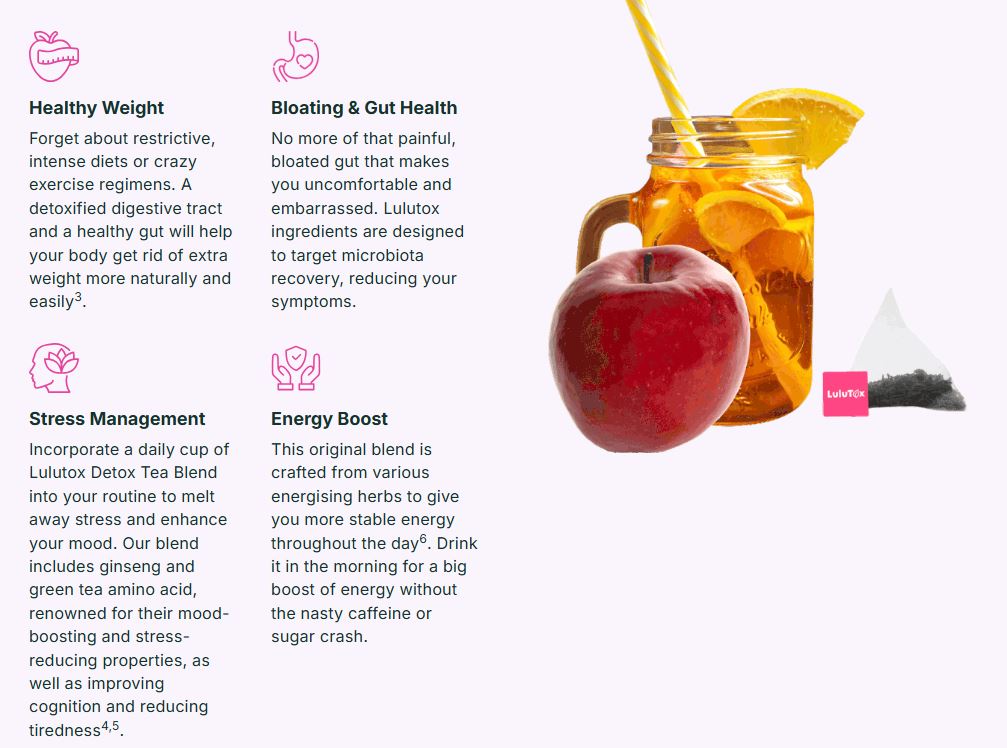 Lulutox detox tea benefits including healthy weight, gut health, stress relief and energy